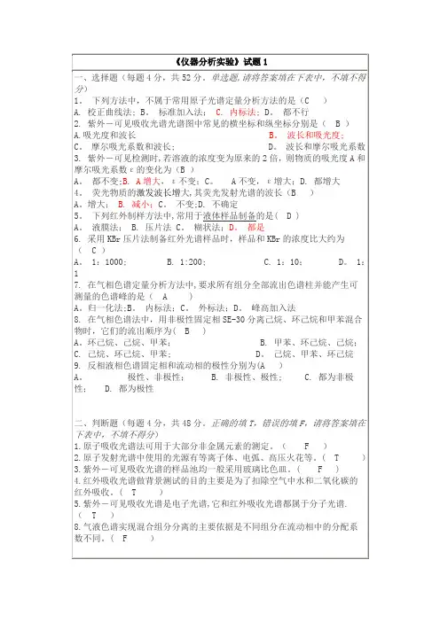 仪器分析实验试题与答案