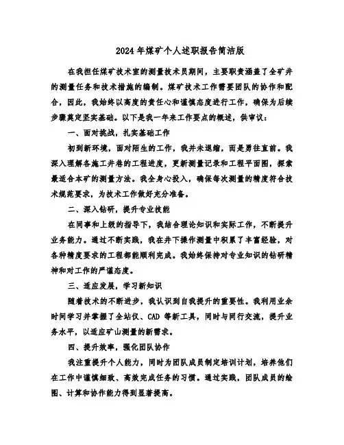 2024年煤矿个人述职报告简洁版（六篇）