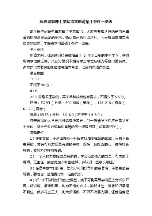 瑞典皇家理工学院留学申请硕士条件一览表