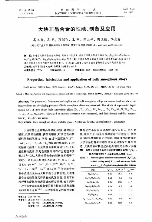大块非晶合金的性能、制备及应用