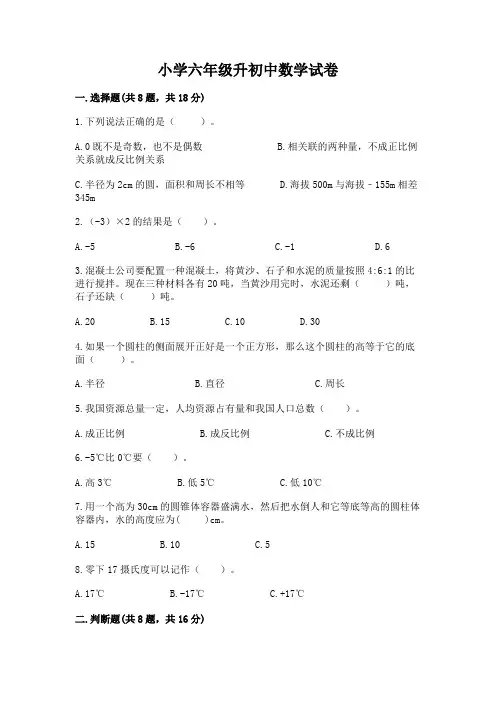 小学六年级升初中数学试卷及完整答案(历年真题)
