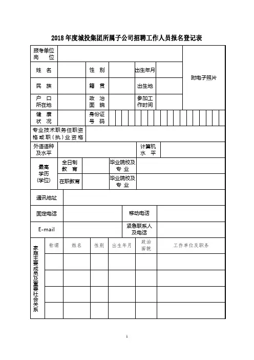 2018年度城投集团所属子公司招聘工作人员报名登记表