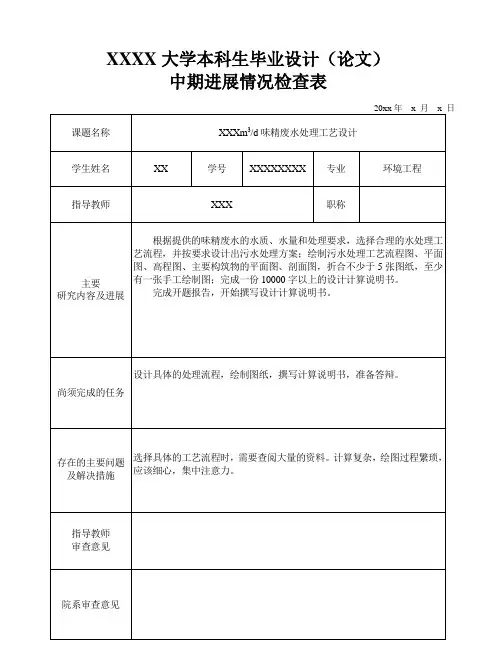本科生毕业设计中期进展检查表