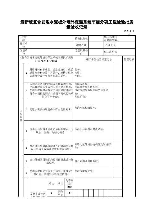 最新版复合发泡水泥板外墙外保温系统节能分项工程检验批质量验收记录