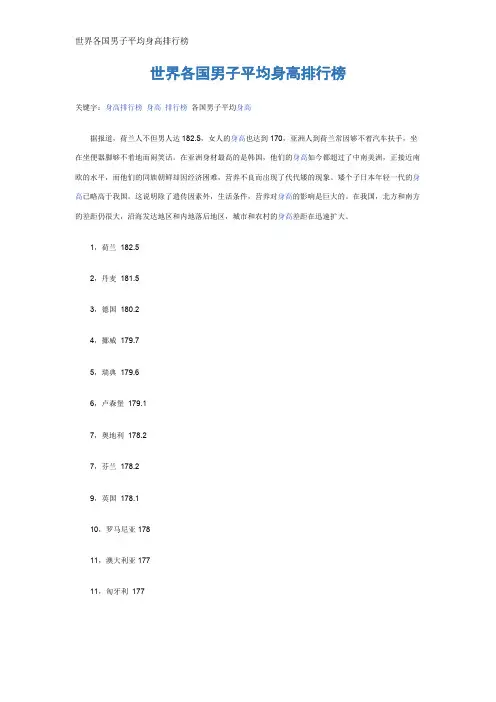 世界各国男子平均身高排行榜