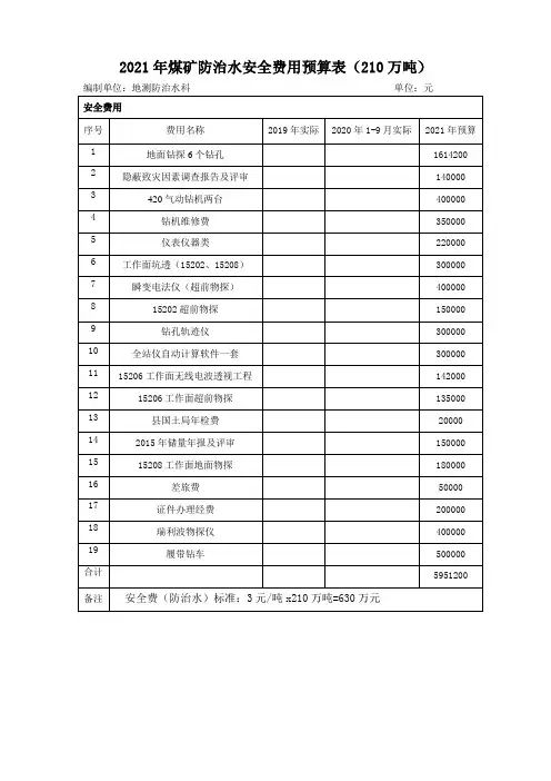 2021年煤矿防治水安全费费用预算表(210万吨)