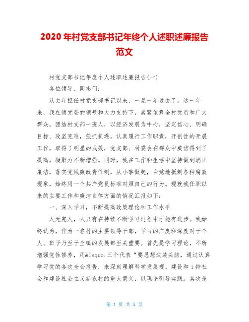 2020年村党支部书记年终个人述职述廉报告范文