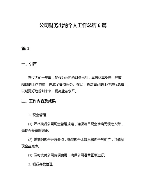 公司财务出纳个人工作总结6篇