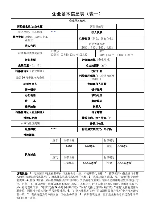 企业基本信息表(表一)