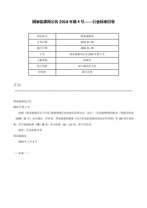国家能源局公告2018年第4号——行业标准目录-国家能源局公告2018年第4号