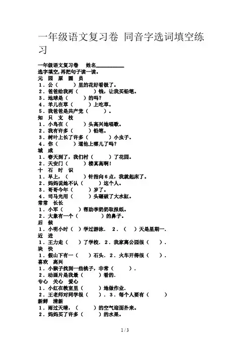 一年级语文复习卷 同音字选词填空练习