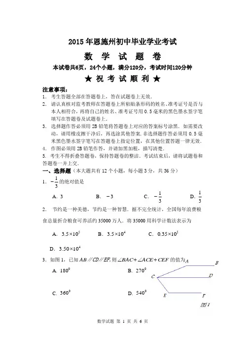 2015年恩施州中考数学试题(副题)