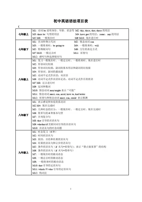 初中英语语法项目表