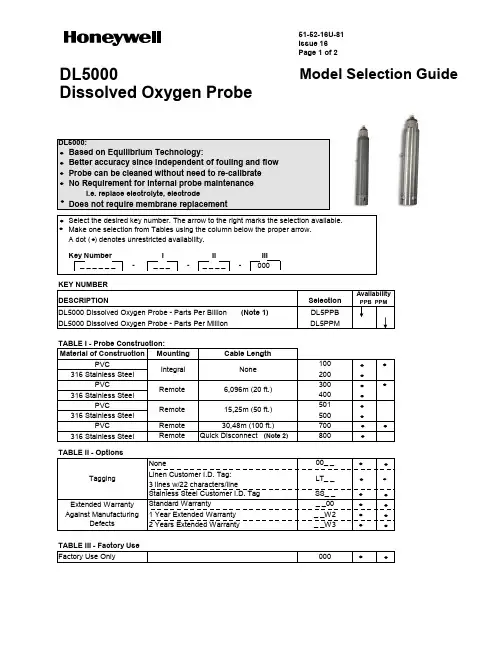 DL5000模型选择指南：溶解氧探头 - 部分每亿（PPB）和每百万（PPM）说明书