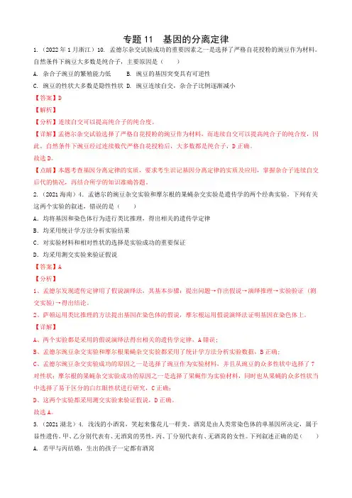 专题11  基因的分离定律(解析版) - 2020年和2021年新高考地区高考题分类汇编