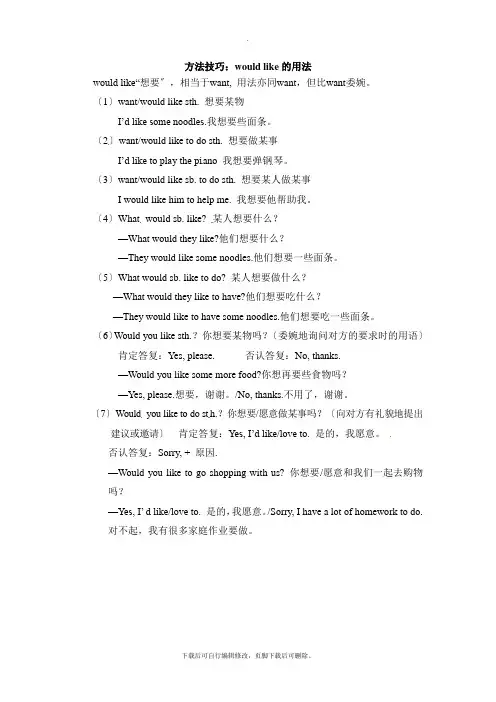 鲁教版五四制英语七年级上册Unit2 方法技巧：would like的用法