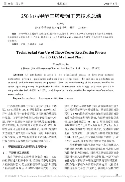 250kt_a甲醇三塔精馏工艺技术总结