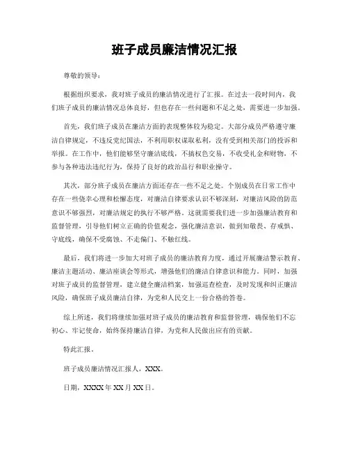 班子成员廉洁情况汇报
