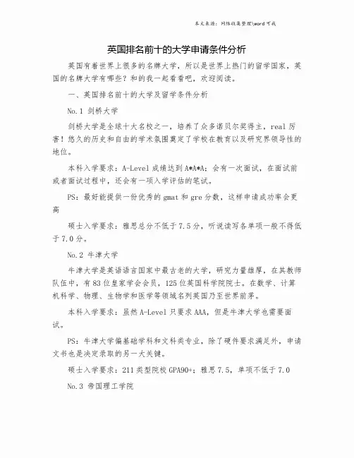 英国排名前十的大学申请条件分析.doc