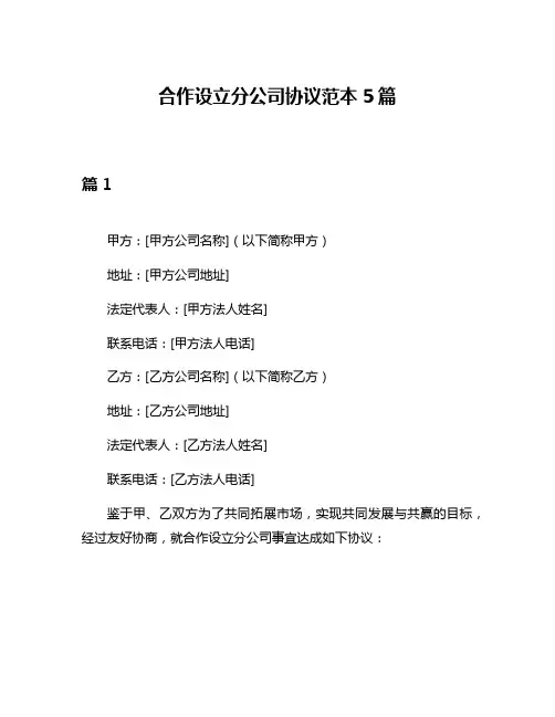 合作设立分公司协议范本5篇