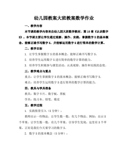 幼儿园教案大班教案数学作业