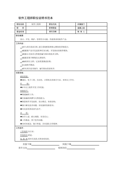 软件工程师职位说明书范本