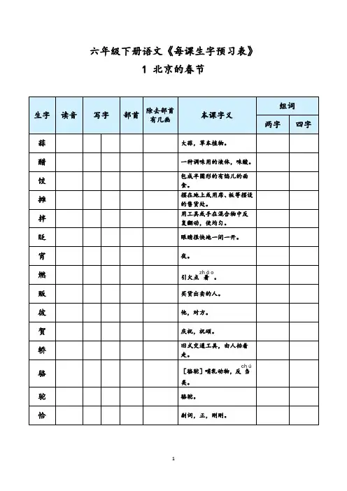 六年级下册语文每课生字预习表