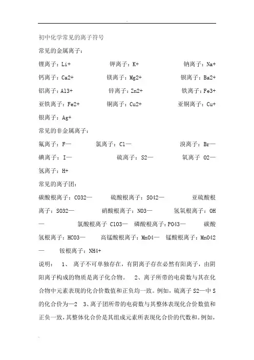 初中化学常见离子符号