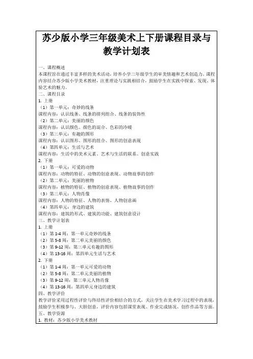 苏少版小学三年级美术上下册课程目录与教学计划表