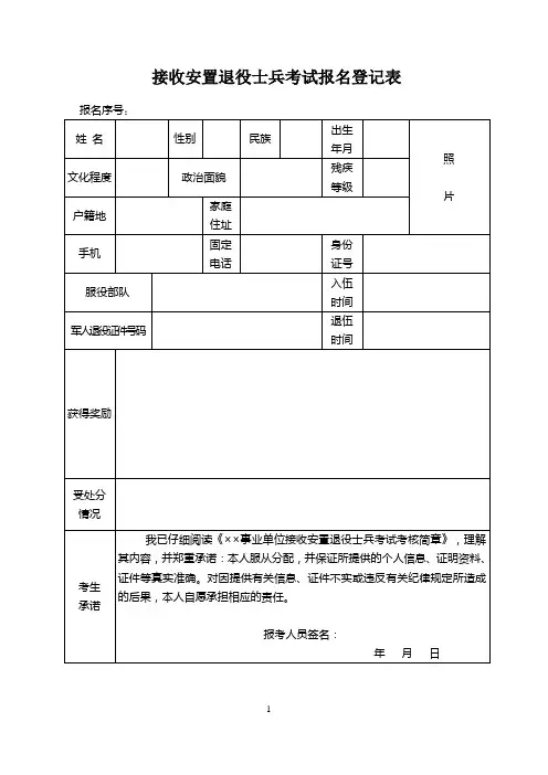 接收安置退役士兵考试报名登记表参考模板范本