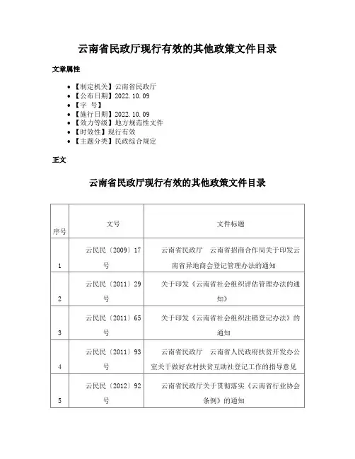 云南省民政厅现行有效的其他政策文件目录