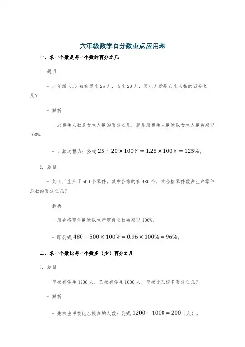 六年级数学百分数重点应用题