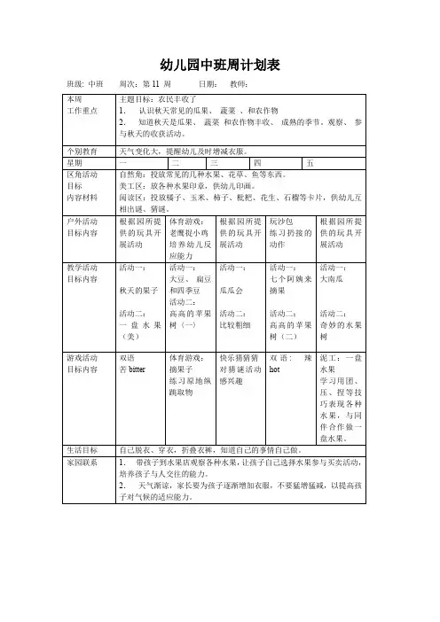 幼儿园中班周计划表(第十一周)