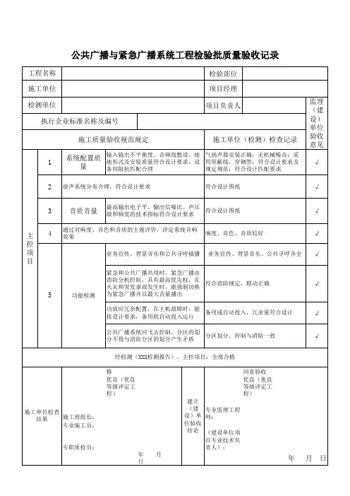 公共广播与紧急广播系统工程检验批质量验收记录