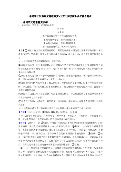 中考语文试卷语文诗歌鉴赏+文言文阅读题分类汇编含解析