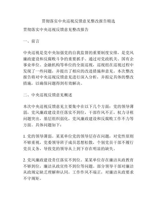 贯彻落实中央巡视反馈意见整改报告精选