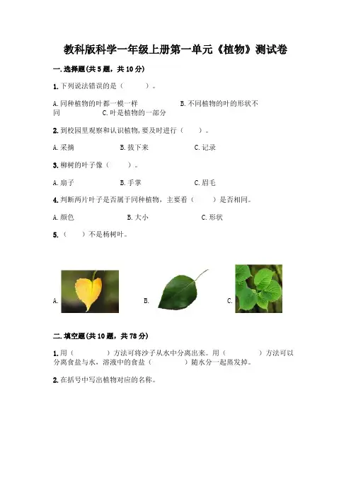 教科版科学一年级上册第一单元《植物》测试卷含答案【完整版】