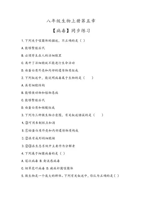 2022年八年级生物上册第五章【病毒】同步练习
