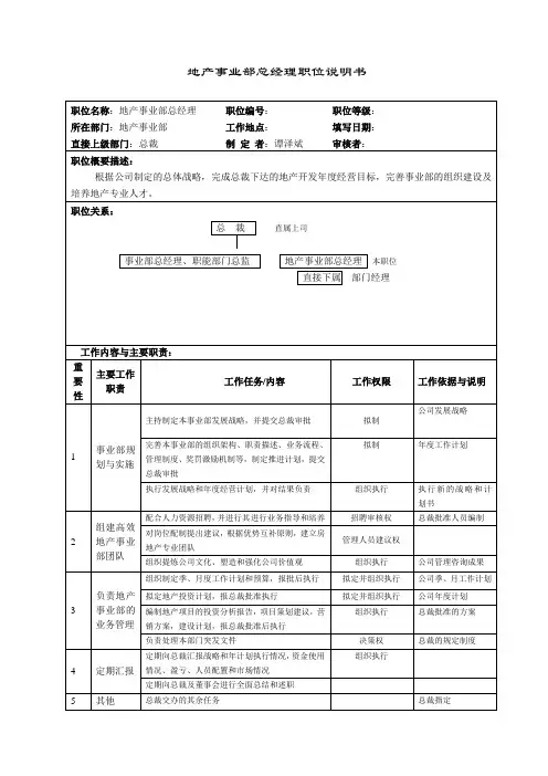 地产事业部总经理岗位说明书范例