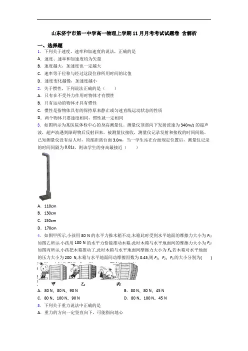 山东济宁市第一中学高一物理上学期11月月考考试试题卷 含解析