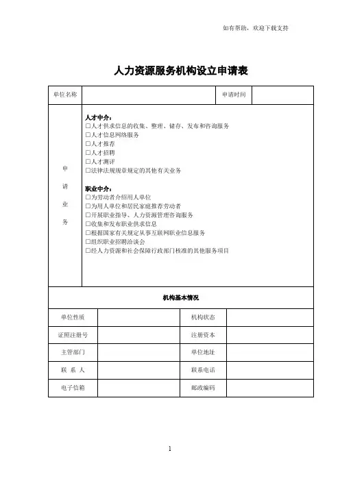 人力资源服务机构设立申请表
