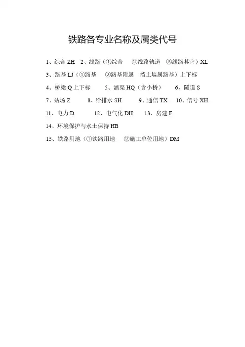 铁路各专业名称及属类代号