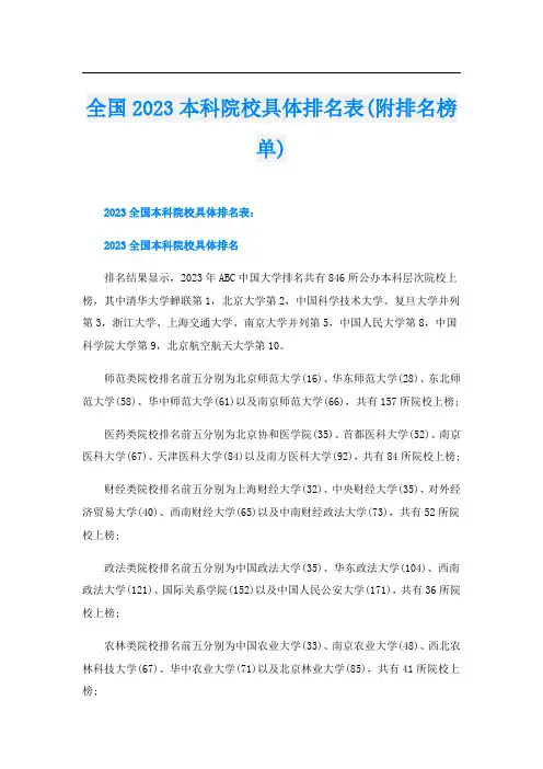 全国2023本科院校具体排名表(附排名榜单)