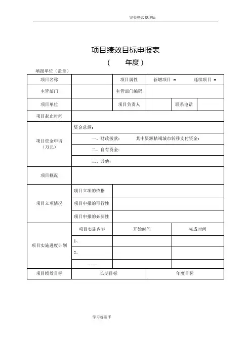 项目绩效目标申报表模板