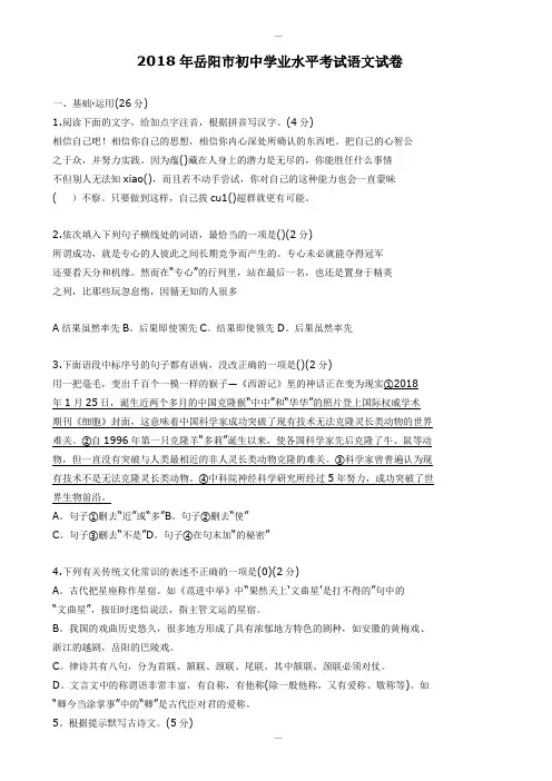 岳阳市2018届中考语文试卷