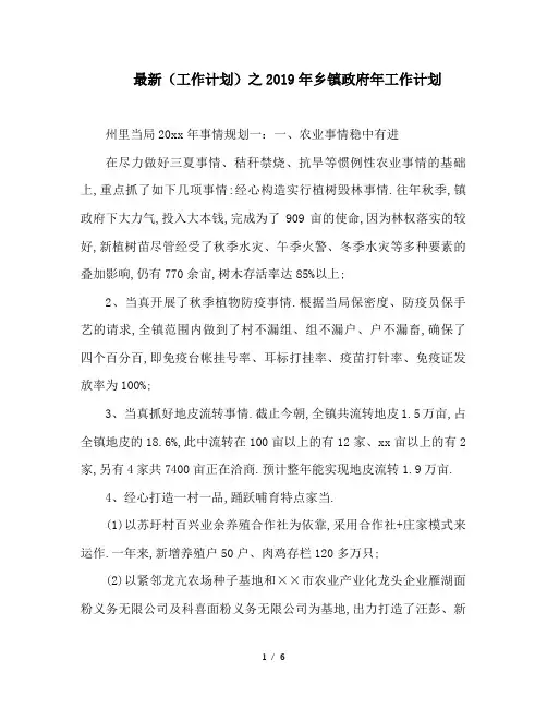 最新(工作计划)之2019年乡镇政府年工作计划