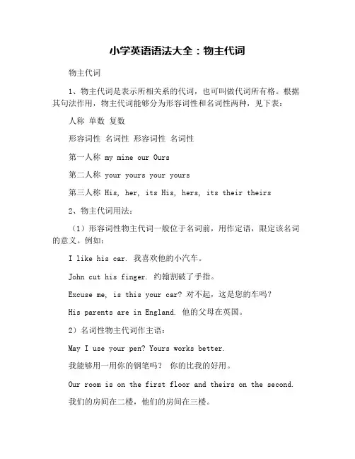 小学英语语法大全：物主代词