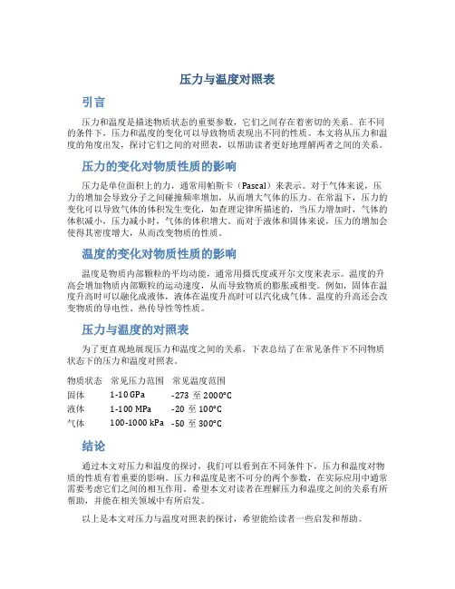 压力与温度对照表