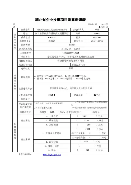 湖北省企业投资项目备案申请表19020480