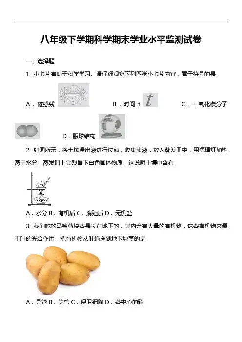 八年级下学期科学期末学业水平监测试卷
